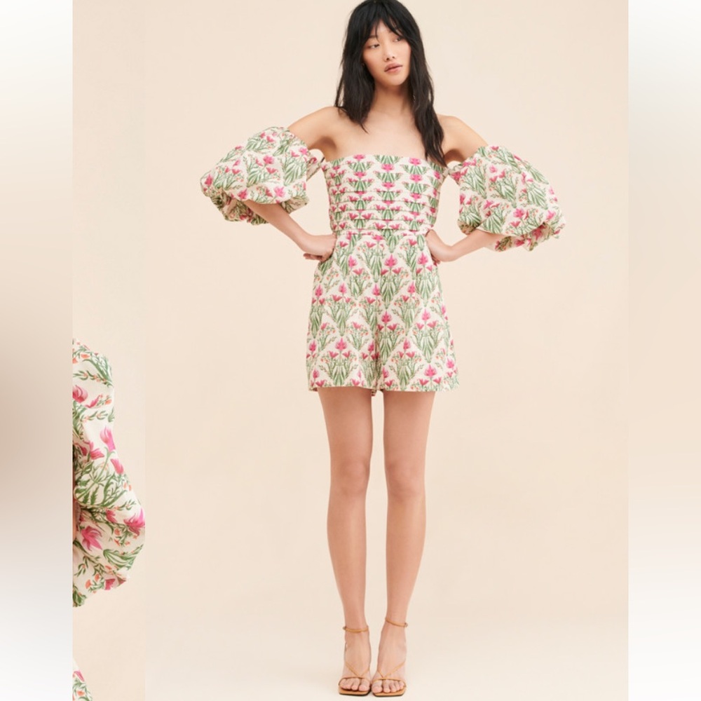 Espescia x Anthropologie off-shoulder floral-printed romper Pleated Front Spring